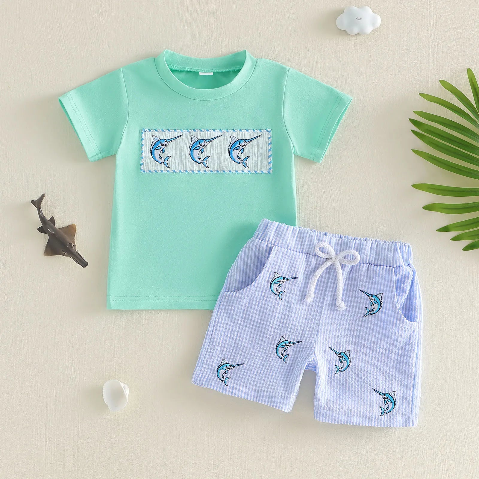 Fish Embroidery Shorts Set