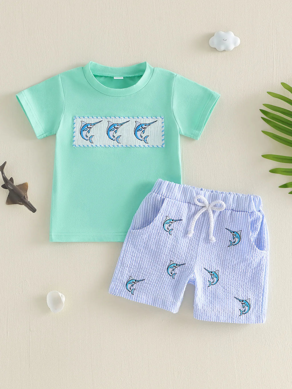 Fish Embroidery Shorts Set